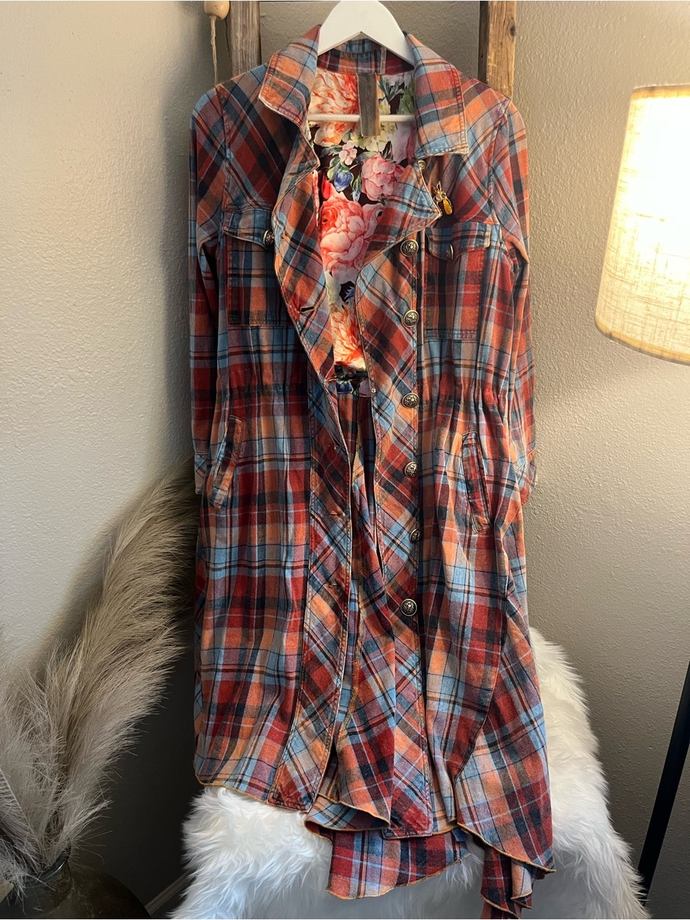 Women’s Plaid Button-Front Jean Jacket Dress - Rust & Blue